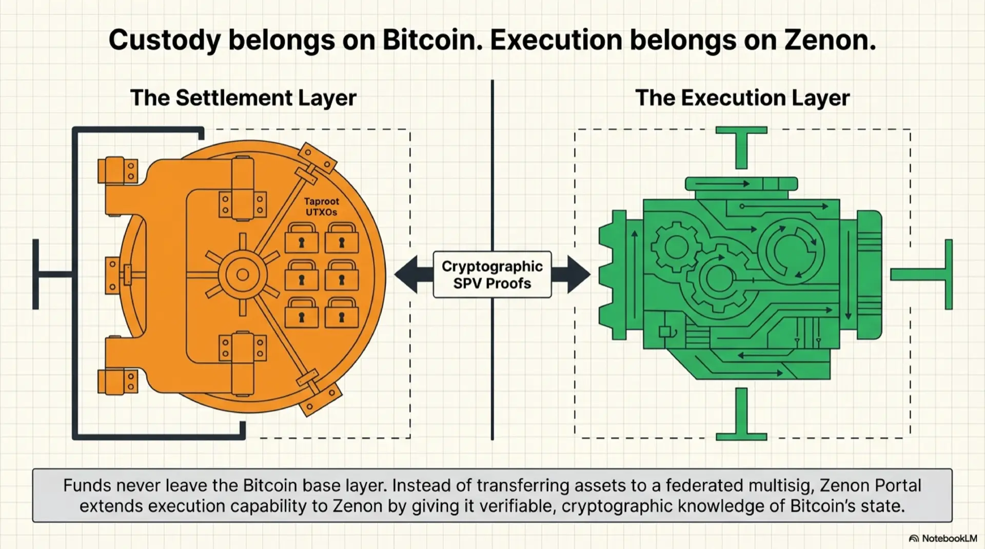 Custody belongs on Bitcoin, execution belongs on Zenon. The Settlement Layer shows a Bitcoin vault containing Taproot UTXOs secured by cryptographic locks. The Execution Layer shows the Zenon engine with gears representing smart contract processing. Bidirectional cryptographic SPV proofs connect the two layers, proving that funds never leave the Bitcoin base layer.