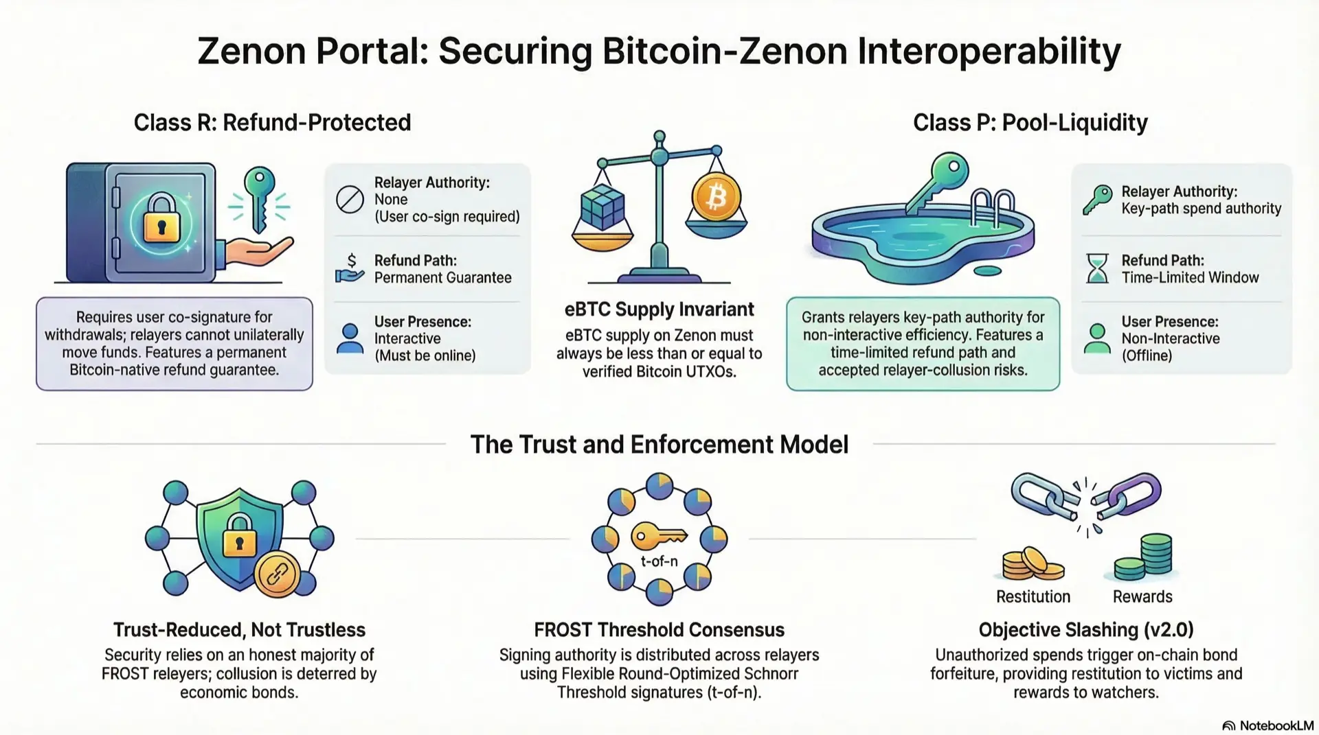 Zenon Portal: Securing Bitcoin-Zenon Interoperability — overview of Class R (Refund-Protected) and Class P (Pool-Liquidity) escrow models, the eBTC supply invariant, and the trust and enforcement model including FROST threshold consensus and objective slashing. Click to watch the video explainer.