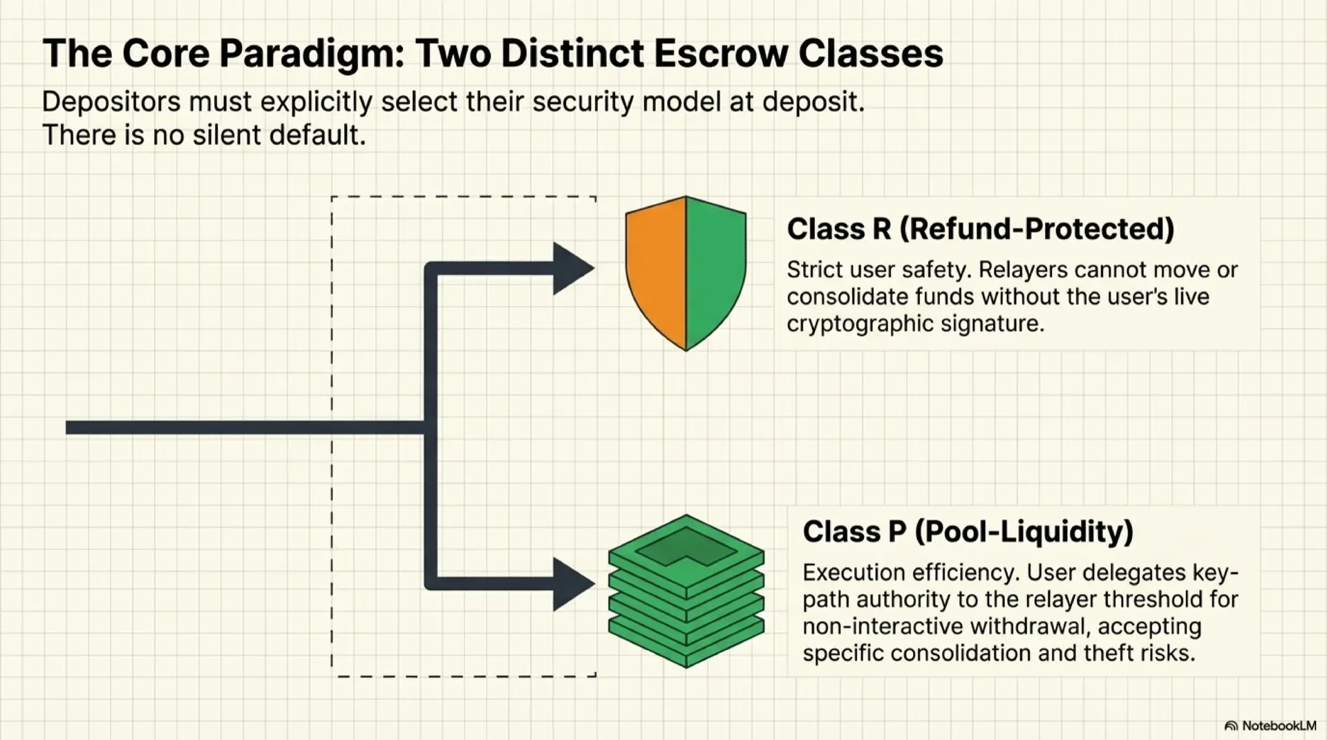 The core paradigm of Zenon Portal: two distinct escrow classes that depositors must explicitly choose. Class R (Refund-Protected) provides strict user safety where relayers cannot move or consolidate funds without the user's live cryptographic signature. Class P (Pool-Liquidity) provides execution efficiency where the user delegates key-path authority to the relayer threshold for non-interactive withdrawals, accepting consolidation and theft risks.