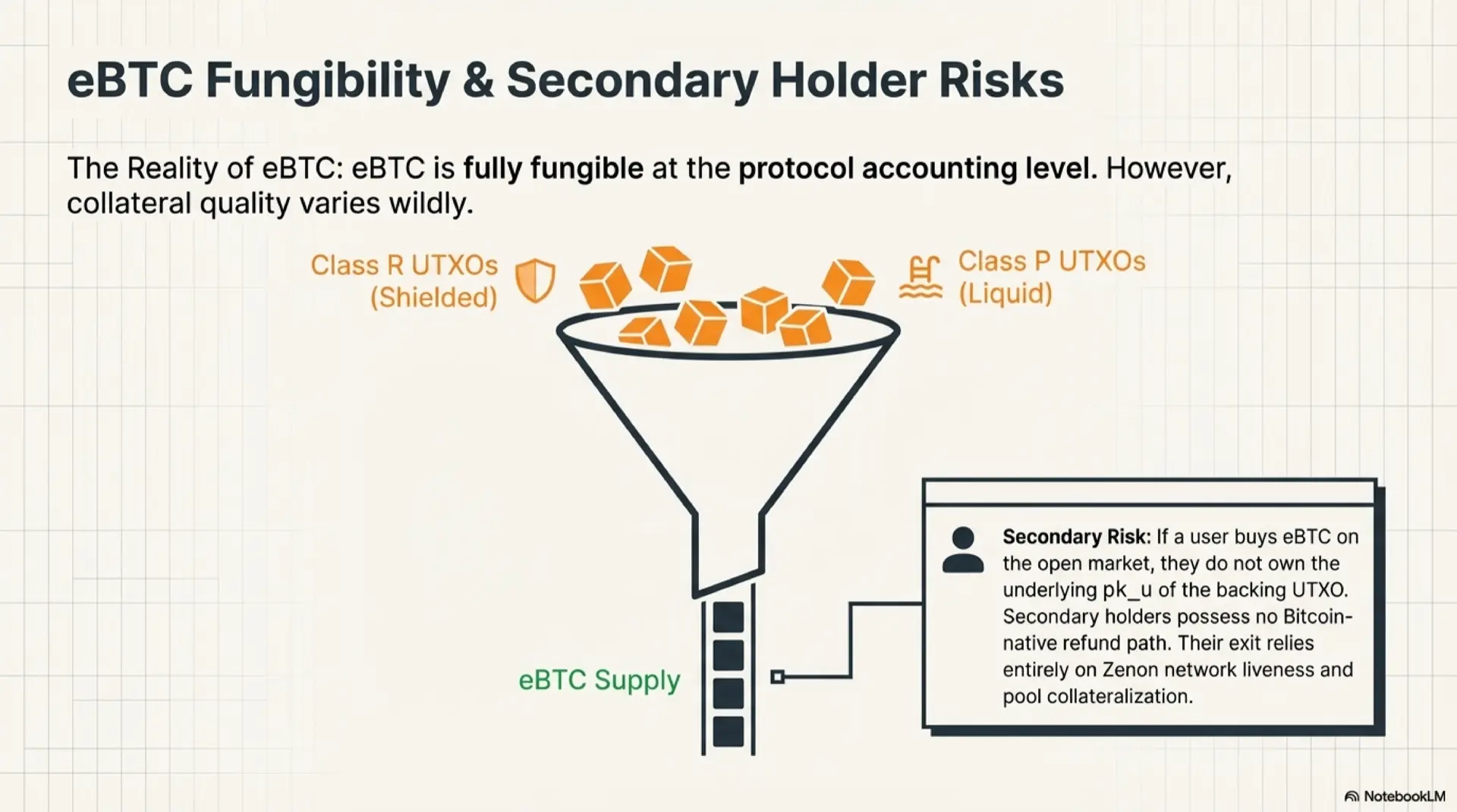 eBTC fungibility and secondary holder risks in Zenon Portal. Class R UTXOs (shielded, orange) and Class P UTXOs (liquid, green) flow into a funnel producing the unified eBTC supply. eBTC is fully fungible at the protocol accounting level, but collateral quality varies. Secondary risk: if a user buys eBTC on the open market, they do not own the underlying pk_u of the backing UTXO and possess no Bitcoin-native refund path. Their exit relies entirely on Zenon network liveness and pool collateralization.