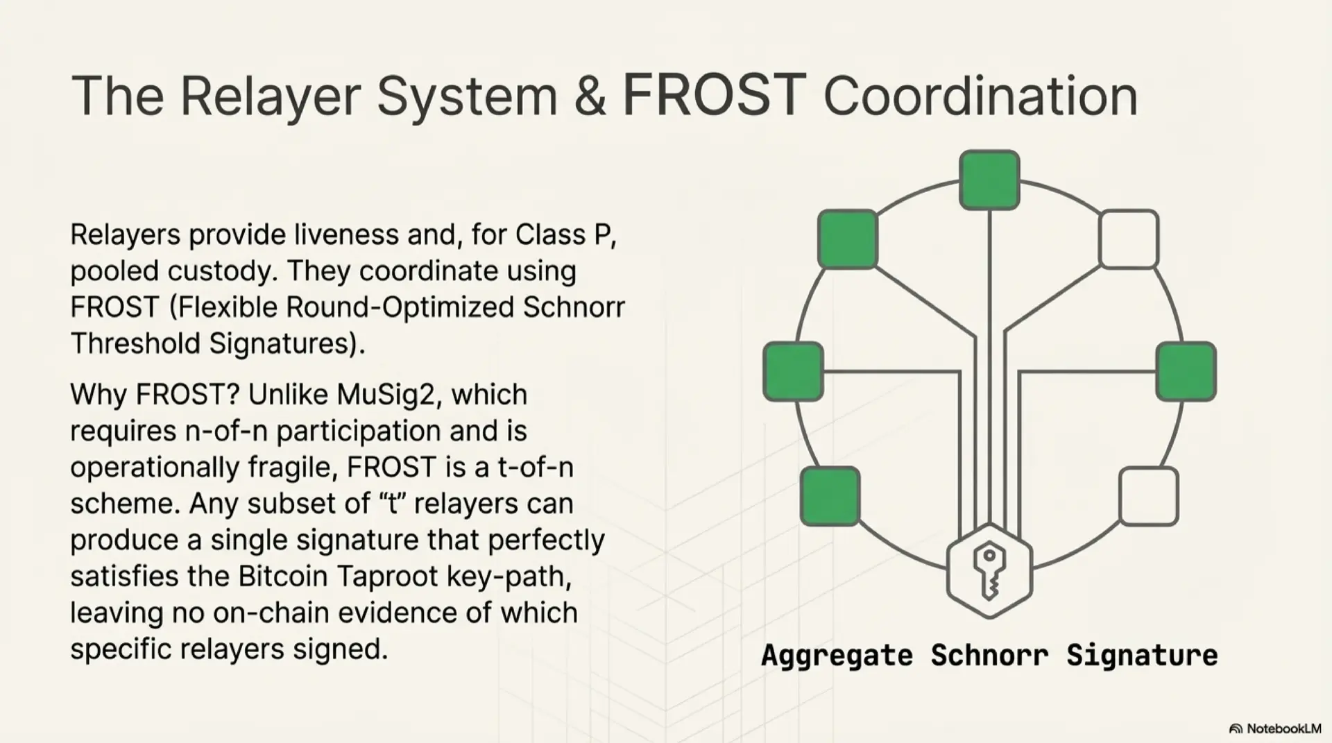 The Relayer System and FROST Coordination in Zenon Portal. Seven relayer nodes arranged in a ring connect to a central lock icon representing the aggregate Schnorr signature. Relayers use FROST (Flexible Round-Optimized Schnorr Threshold Signatures), a t-of-n scheme where any subset of t relayers produces a single signature satisfying the Bitcoin Taproot key-path. Unlike MuSig2 which requires n-of-n participation, FROST leaves no on-chain evidence of which specific relayers signed.