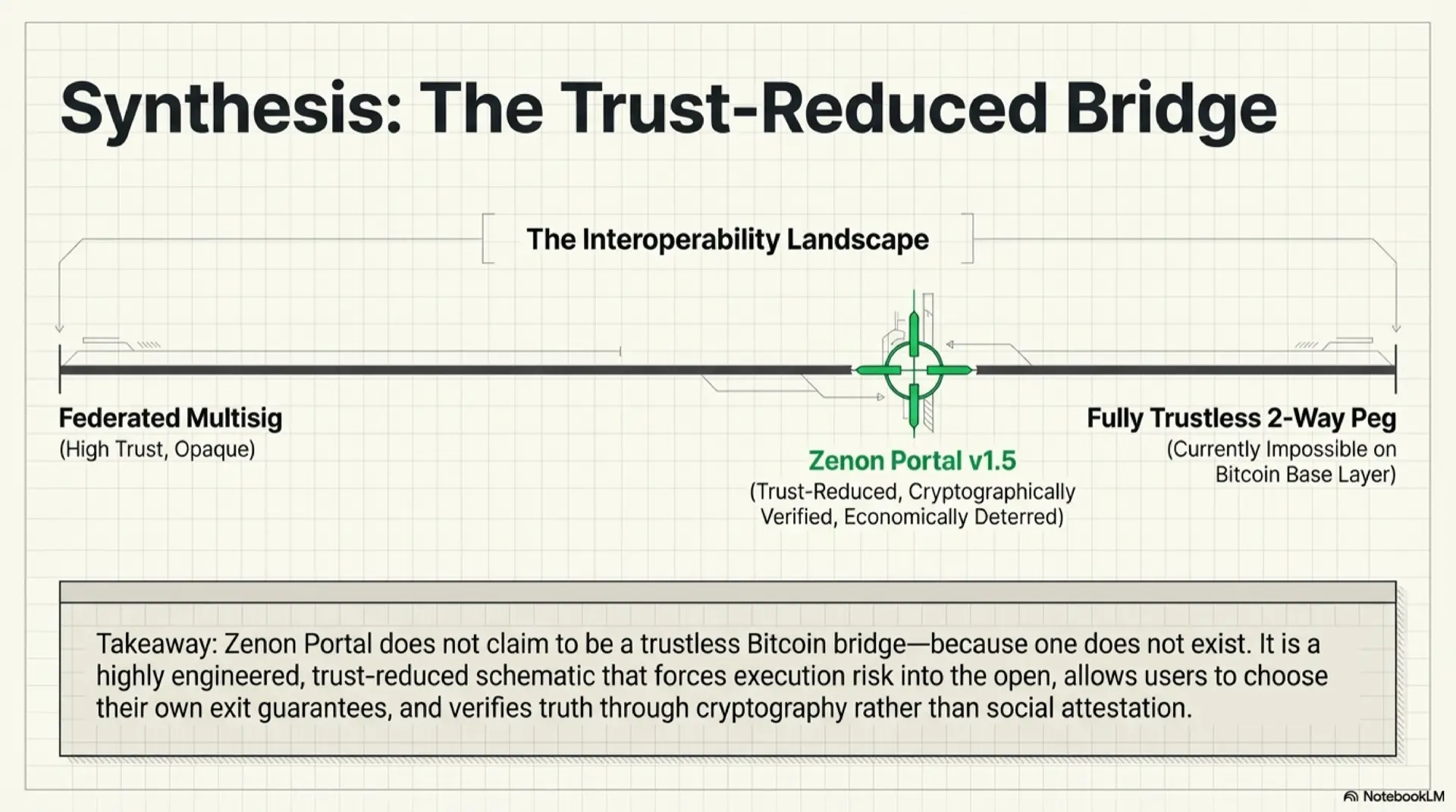 Synthesis: Zenon Portal v1.5 as a trust-reduced Bitcoin bridge. An interoperability landscape spectrum positions Federated Multisig (high trust, opaque) on the left, Zenon Portal v1.5 (trust-reduced, cryptographically verified, economically deterred) at center-right, and a Fully Trustless 2-Way Peg (currently impossible on the Bitcoin base layer) on the far right. Zenon Portal does not claim to be trustless — it is a highly engineered schematic that forces execution risk into the open, lets users choose their own exit guarantees, and verifies truth through cryptography rather than social attestation.