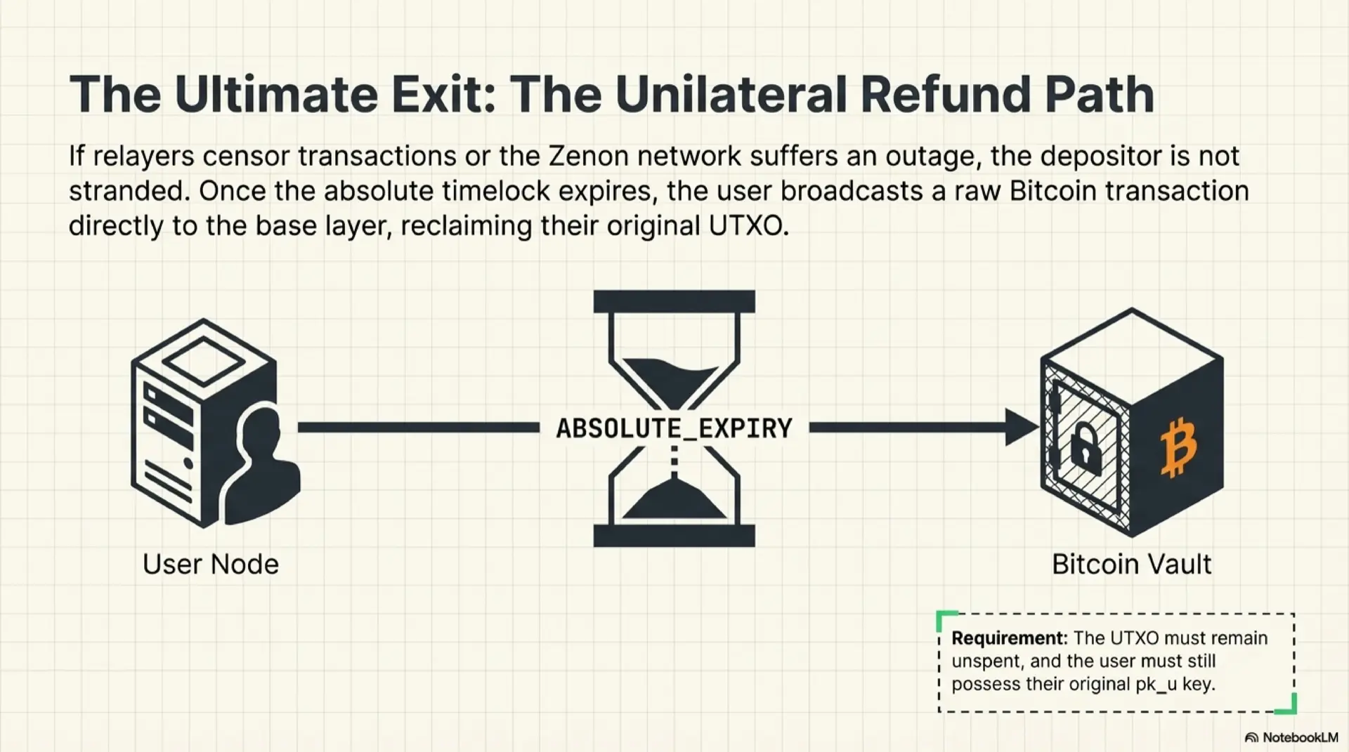The ultimate exit: the unilateral refund path in Zenon Portal. If relayers censor transactions or the Zenon network suffers an outage, the depositor is not stranded. A User Node connects through an ABSOLUTE_EXPIRY hourglass timelock to a Bitcoin Vault. Once the timelock expires, the user broadcasts a raw Bitcoin transaction directly to the base layer, reclaiming their original UTXO. Requirement: the UTXO must remain unspent and the user must still possess their original pk_u key.